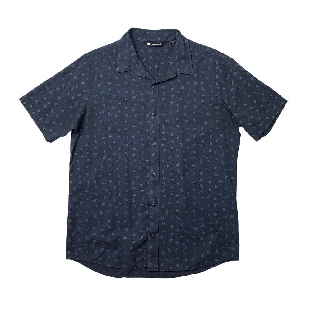 Travis Mathew Shirt Mens Large Navy Leaf Motif Short Sleeve Button Up Shirttail